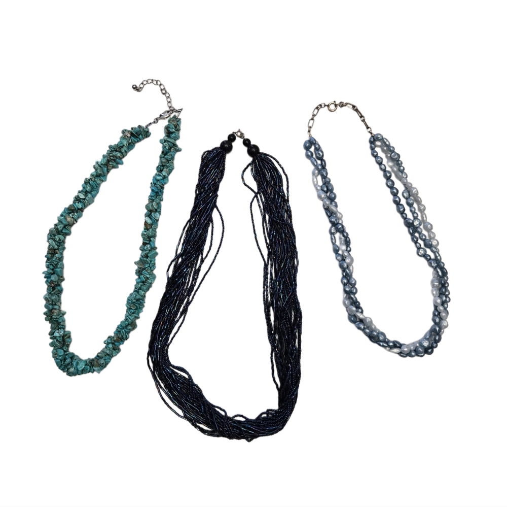 Vintage 80s 90s Blue Beaded Necklace Trio Turquoise Chips, Glass Seed Faux Pearl